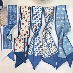 Set of 5 Blue Multi Silky Twilly Scarves • Handbag Accents • Scandi Purse Ribbon